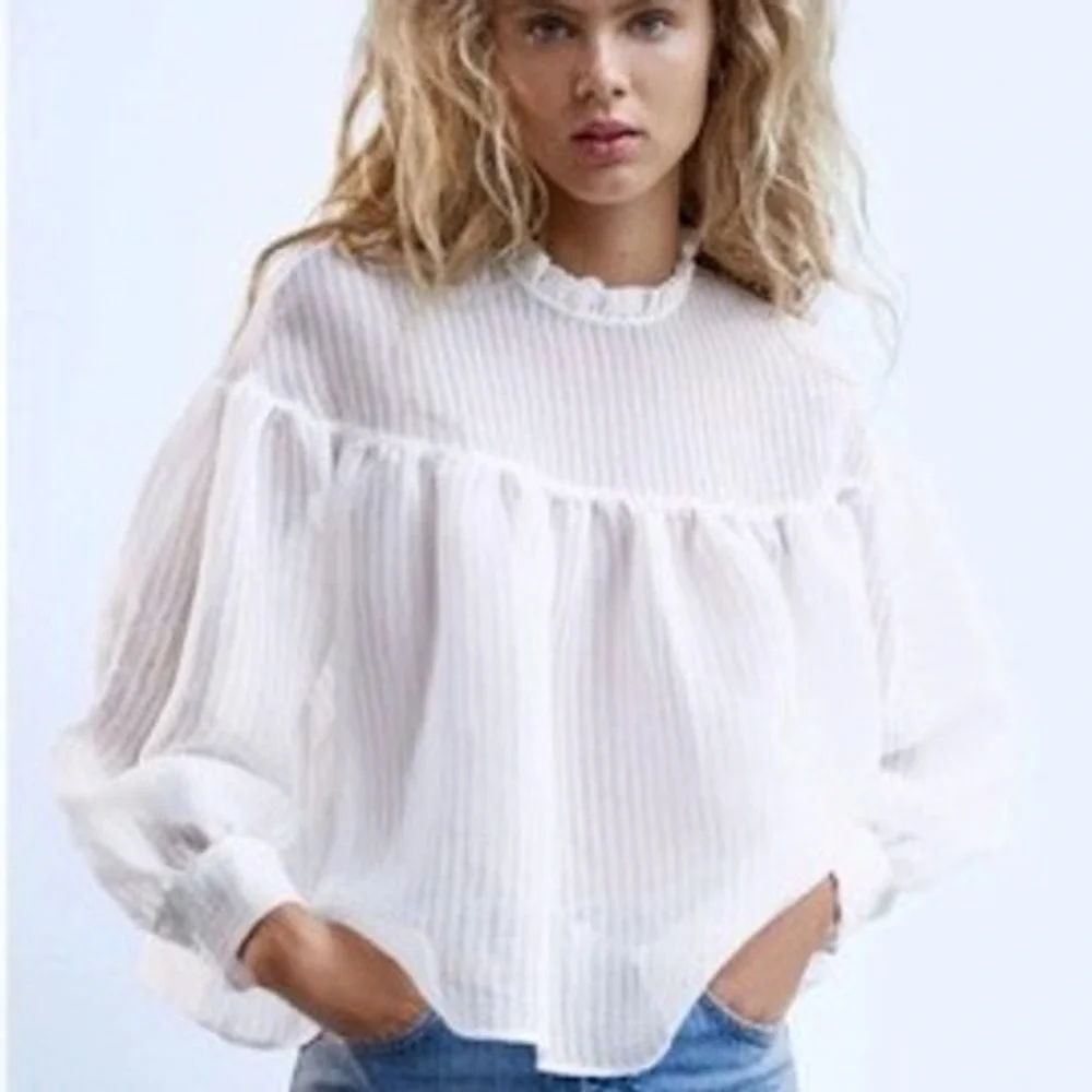 Zara White Organza Striped Ruffle Neck Puff Sleeve Blouse XS 3952/400